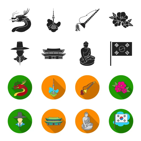 Coreano en tocado nacional, monasterio coreano, estatuilla de Buda, bandera nacional. Corea del Sur conjunto de iconos de colección en negro, flet estilo vector símbolo stock ilustración web . — Vector de stock
