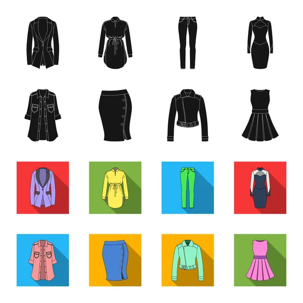 Kadın, siyah giyim flet simgeler toplama tasarımı için ayarlayın. Sembol stok web illüstrasyon vektör giyim çeşitleri ve aksesuarlar. — Stok Vektör