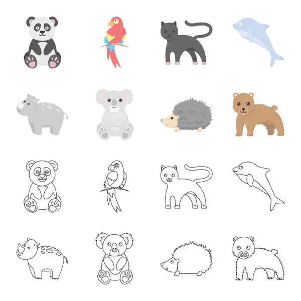 Rhino, koala, pantera, erizo. Iconos de colección conjunto de animales en dibujos animados, contorno estilo vector símbolo stock ilustración web . — Vector de stock