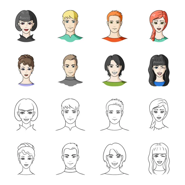 Diferentes olhares de jovens pessoas.Avatar e ícones de coleção de conjuntos de rosto em desenhos animados, esboço estilo vetor símbolo estoque ilustração web . — Vetor de Stock