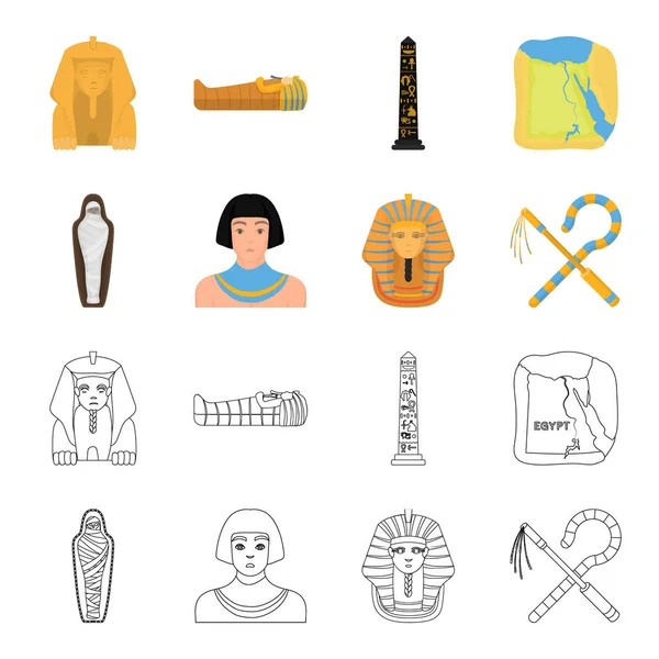 Gauner und Dreschflegel, eine goldene Maske, ein Ägypter, eine Mumie in einem Grab. Altägypten setzen Sammlungssymbole in Cartoon, umreißen Stil Vektor Symbol Stock Illustration Web. — Stockvektor