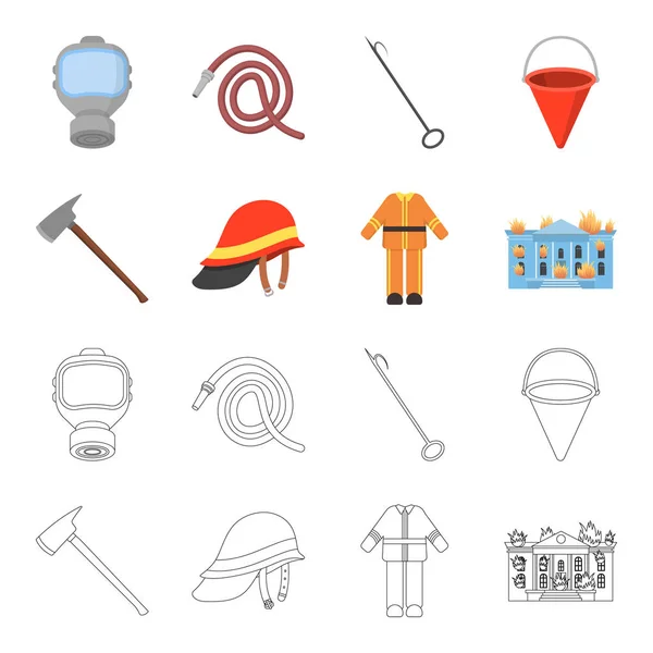 Ax, casco, uniforme, edificio en llamas. Fire departmentset set collection icons in cartoon, outline style vector symbol stock illustration web . — Vector de stock