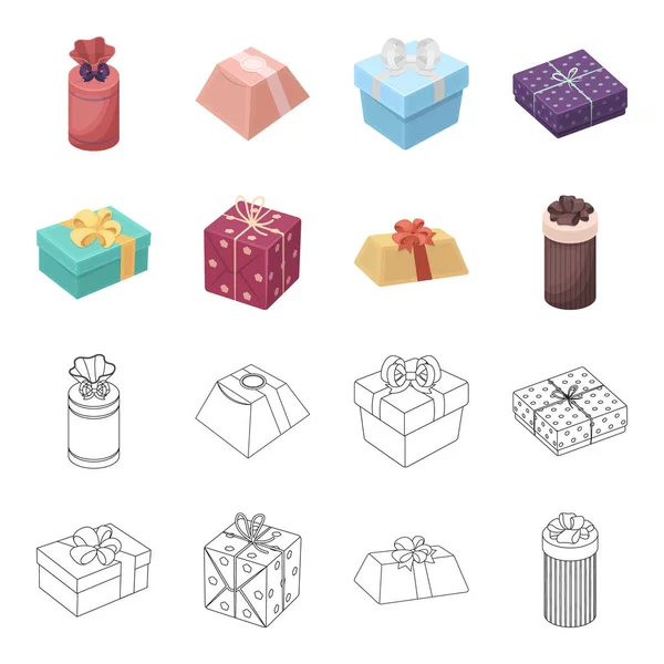 De doos van de gift met strik, geschenk tas. Giften en certificaten instellen collectie iconen in de tekenfilm, overzicht stijl vector symbool stock illustratie web. — Stockvector
