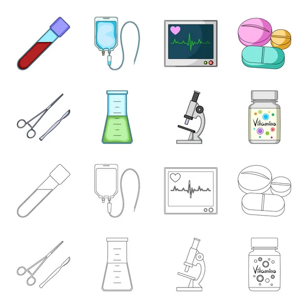 Un banco de vitaminas, un frasco con una solución y otros equipamientos.Iconos de colección de conjuntos de medicina en dibujos animados, contorno estilo vector símbolo stock ilustración web . — Vector de stock