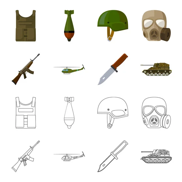 Fusil de asalto M16, helicóptero, tanque, cuchillo de combate. Militar y ejército conjunto colección iconos en dibujos animados, contorno estilo vector símbolo stock ilustración web . — Vector de stock