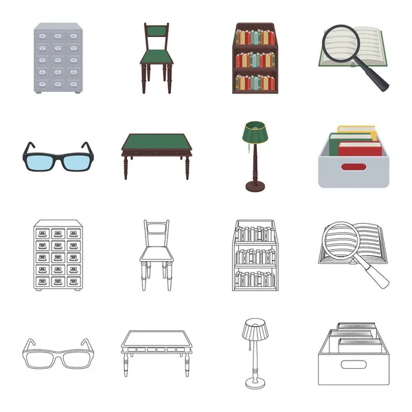 眼镜, 一张木桌, 一盏落地灯, 一盒书。图书馆和书店集合图标在卡通, 轮廓风格矢量符号股票插画网站. — 图库矢量图片