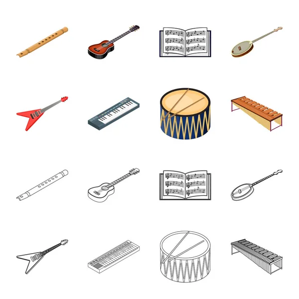 Dibujos animados instrumento musical, esbozar iconos en la colección de conjuntos para el diseño. Instrumento de cuerda y viento vector isométrico símbolo stock web ilustración . — Vector de stock