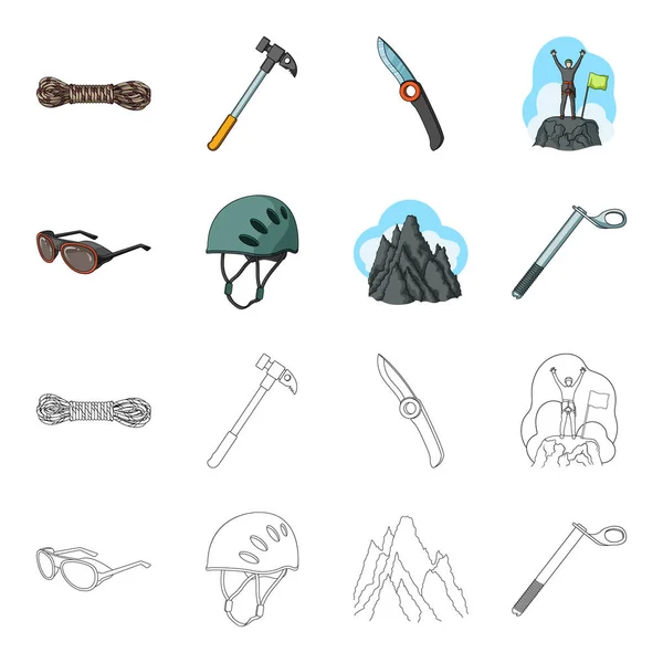 Helmet, goggles, wedge safety, peaks in the clouds.Mountaineering set collection icons in cartoon,outline style vector symbol stock illustration web. — Stock Vector