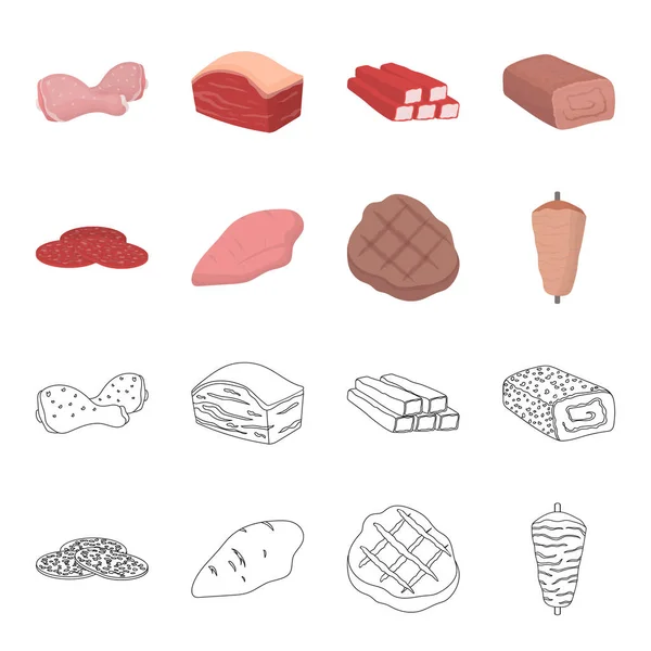 Pieces of salami, turkey fillet, grilled steak, kebab.Meat set collection icons in cartoon, outline style vector symbol illustration web . — стоковый вектор