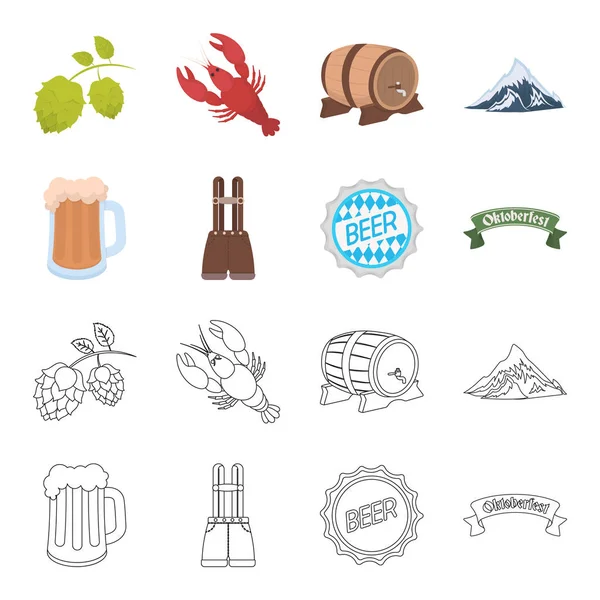 Calções com suspensórios, um copo de cerveja, um cartaz, um emblema. Oktoberfest conjunto coleção ícones em desenhos animados, esboço estilo vetor símbolo estoque ilustração web . — Vetor de Stock