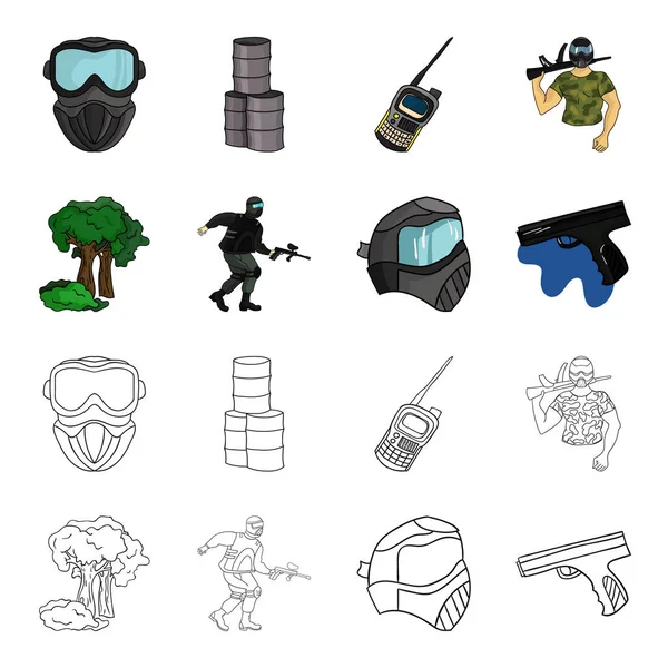 Mask, gun, paint, inventory .Paintball set collection icons in cartoon, outline style vector symbol stock illustration web . — стоковый вектор