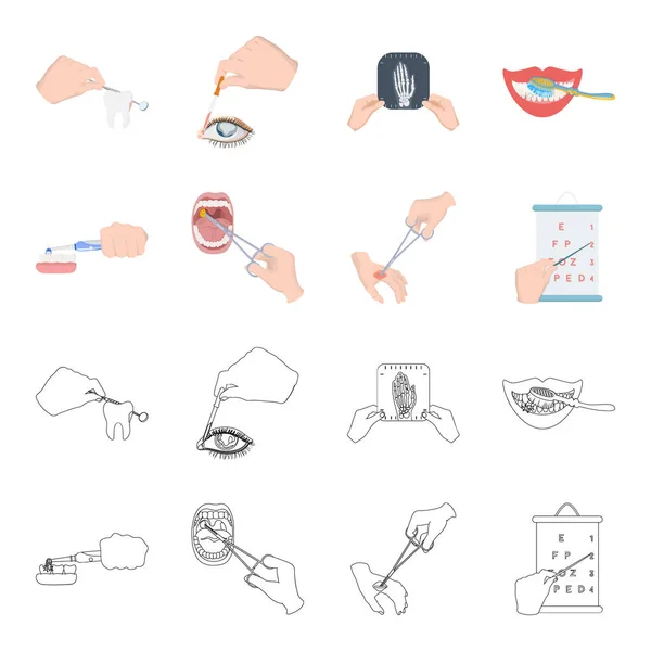 Tandheelkundige zorg, behandeling van de wond en andere web-pictogram in de tekenfilm, overzicht style.oral behandeling, gezichtsvermogen testen van pictogrammen in vaste collectie. — Stockvector
