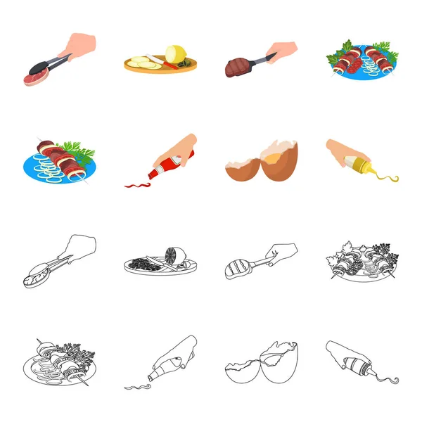 Kebab shish con verduras, ketchup y mostaza, condimento para la comida, huevo roto. Comida y cocina conjunto colección iconos en dibujos animados, contorno estilo vector símbolo stock ilustración web . — Vector de stock