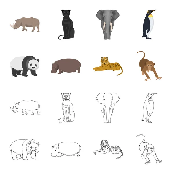 Oso de bambú, hipopótamo, tigre animal salvaje, mono. Animales salvajes conjunto colección iconos en dibujos animados, contorno estilo vector símbolo stock ilustración web . — Archivo Imágenes Vectoriales