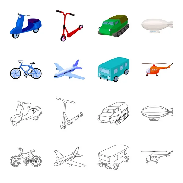 Kolo, letadlo, autobus, vrtulník typy dopravy. Dopravní nastavení kolekce ikon v karikatuře, osnovy styl vektor symbol akcií ilustrace web. — Stockový vektor