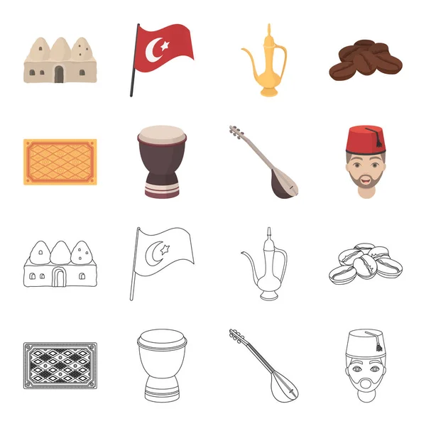 Alfombra turca, saz, tambor, turcos men.Turkey conjunto de iconos de la colección en la historieta, contorno estilo vector símbolo stock ilustración web . — Archivo Imágenes Vectoriales