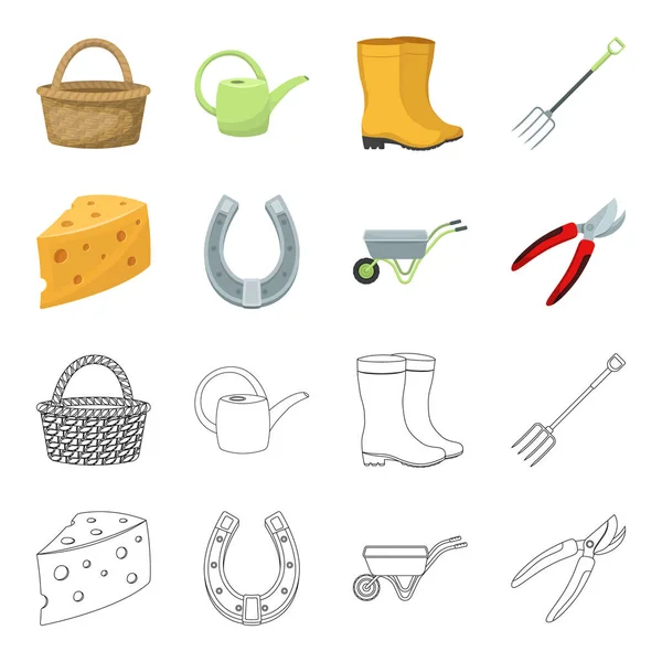Cheese with holes, a trolley for agricultural work, a horseshoe made of metal, a pruner for cutting trees, shrubs. Farm and gardening set collection icons in cartoon,outline style vector symbol stock Royalty Free Stock Illustrations