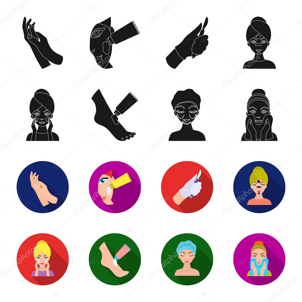 Face care, plastic surgery, face wiping, moisturizing the feet. Skin Care set collection icons in black,flet style vector symbol stock illustration .