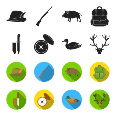 Bıçak bir kapak, bir ördek, bir geyik boynuzu, bir kapak ile bir pusula ile. Avcılık toplama simgeler siyah, flet stil vektör simge stok çizim web içinde ayarla..