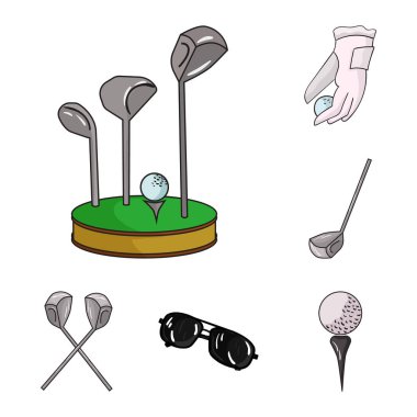 Golf ve öznitelikleri set koleksiyonu tasarım için simgeleri karikatür. Golf Kulübü ve ekipman sembol stok web illüstrasyon vektör.