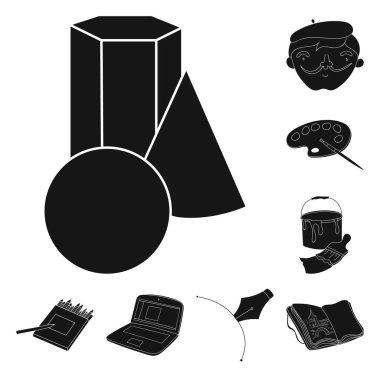 Ressam ve set koleksiyonu tasarım için çizim siyah simgeler. Sanatsal aksesuarları sembol stok web illüstrasyon vektör.