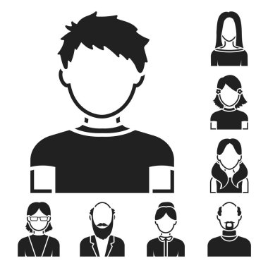 Set koleksiyonu tasarım için simgeler siyah avatar ve yüz. Bir kişi görünümü vektör simge stok web çizim.