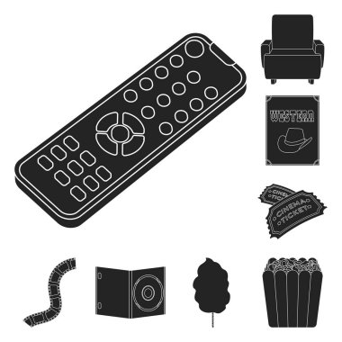 Filmler ve sinema set koleksiyonu tasarım için simgeler siyah. Film ve öznitelikleri sembol stok web illüstrasyon vektör.