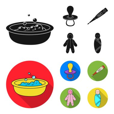 Emzik, elektronik termometre, Çocuk tulumları, çocuk bezi. Siyah, düz stil vektör simge stok çizim web bebek d. küme koleksiyon simgeler.