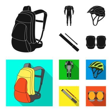 Tüm vücut takım binici, kask, pompa bir hortum ile diz koruyucular. Bisikletçi kıyafet toplama simgeler siyah, düz stil vektör simge stok çizim web içinde ayarla..