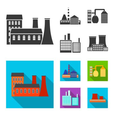 Sanayi, üretim. Fabrika toplama simgeler siyah, düz stil vektör simge stok çizim web içinde ayarla..