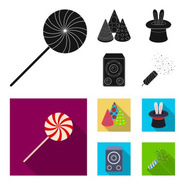 Hileci, müzik ve diğer aksesuarlar partide. Parti ve partits simgeler siyah, düz stil vektör simge stok çizim web ayarla.