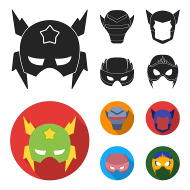 Kask, maske kafasına. Maske süper kahraman toplama simgeler siyah, düz stil vektör simge stok çizim web içinde ayarla..
