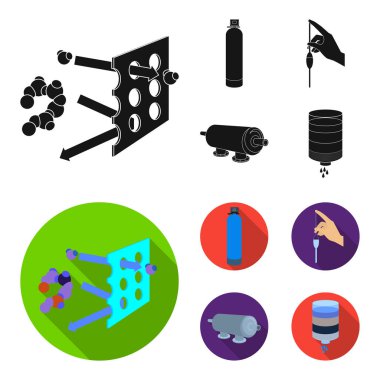 Arıtma, su, filtre, filtrasyon. Su filtrasyon sistemi toplama simgeler siyah, düz stil vektör simge stok çizim web içinde ayarla..