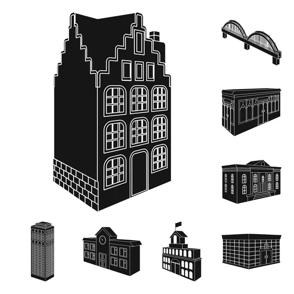 Building and architecture black icons in set collection for design.The building and dwelling vector isometric symbol stock web illustration. — Stock Vector
