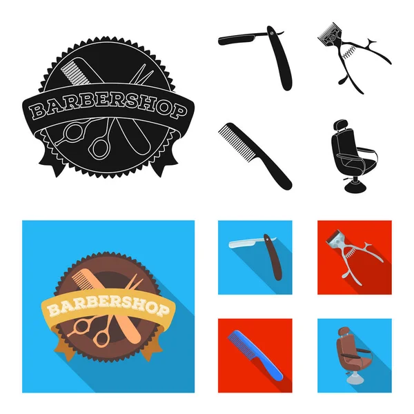 Un rasoir, une tondeuse mécanique, un fauteuil et d'autres équipements pour un coiffeur.Barbershop set icônes de la collection en noir, style plat symbole vectoriel illustration web . — Image vectorielle