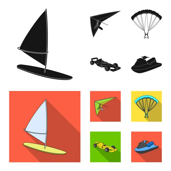 Hang glider, parachute, racing car, water scooter.Extreme sport set collection icons in black, flat style vector symbol stock illustration web. — Stock Vector
