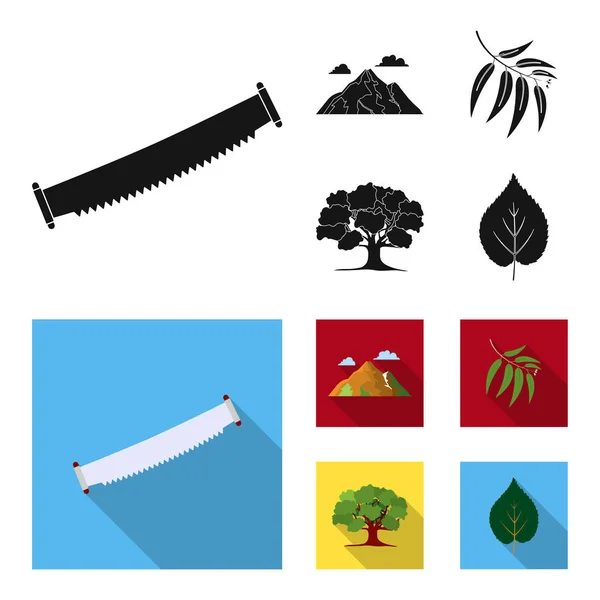 Montanha, nuvem, árvore, ramo, folha. ícones coleção conjunto floresta em preto, estilo plano símbolo vetorial ilustração web . — Vetor de Stock
