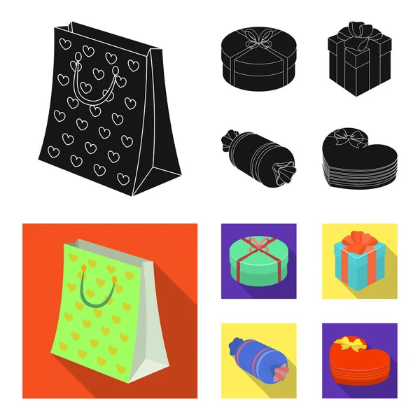 Fiyonklu hediye paketi hediye kutusu. Hediyeler ve sertifikaları toplama simgeler siyah, düz stil vektör simge stok çizim web ayarla.