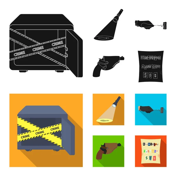 The detective flashlight illuminates the footprint, the criminal hand with the master key, a pistol in the holster, the kidnapper claim. Crime and detective set collection icons in black, flat style — Stock Vector