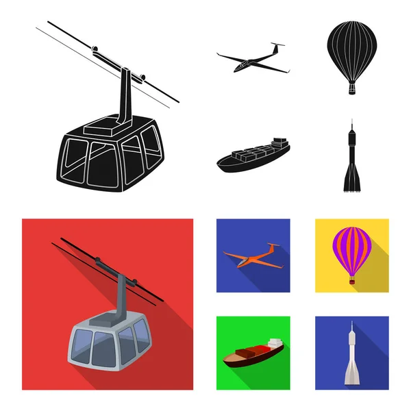 Um drone, um planador, um balão, uma barcaça de transporte, um foguete espacial modos de transporte. Transporte conjunto coleção ícones em preto, estilo plano símbolo vetorial web ilustração estoque . — Vetor de Stock