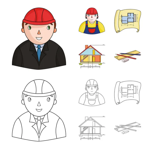 Ingenieur-constructor, bouwvakker, plattegrond, technische tekening van het huis. Het platform ingesteld collectie iconen in de tekenfilm, overzicht stijl vector symbool stock illustratie web. — Stockvector