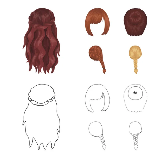 卡拉, 红色辫子和其他类型的发型。背发型集合图标在卡通, 轮廓风格矢量符号股票插画网站. — 图库矢量图片