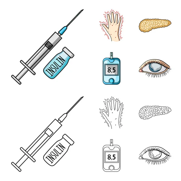 Seringa com insulina, pâncreas, glicosímetro, mão diabética. Diabet conjunto coleção ícones em desenhos animados, esboço estilo vetor símbolo estoque ilustração web . — Vetor de Stock