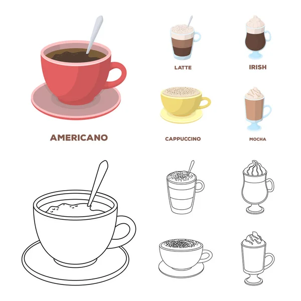 American, late, irish, cappuccino.Different types of coffee set collection icons in cartoon,outline style vector symbol stock illustration web. — Stock Vector