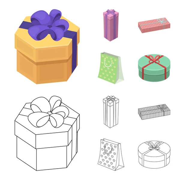 De doos van de gift met strik, geschenk tas. Giften en certificaten instellen collectie iconen in de tekenfilm, overzicht stijl vector symbool stock illustratie web. — Stockvector