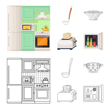 Mutfak ekipmanları çizgi film, set koleksiyonu tasarım için anahat simgeleri. Sembol stok web illüstrasyon vektör mutfak ve aksesuarları.