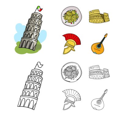 Pisa Kulesi, makarna, coliseum, çöl kaplanı kask. İtalya ülke toplama simgeler çizgi film, anahat stili vektör simge stok illüstrasyon ayarla. .