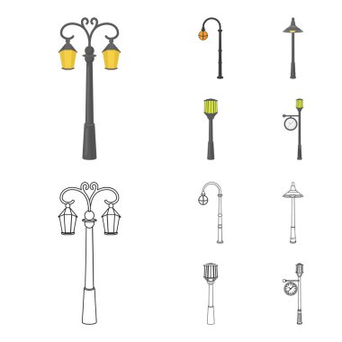 Retro tarzı, modern fener, meşale ve diğer tip-in sokak sokak lâmbası direği. Elektrik direği toplama simgeler çizgi film, anahat stili vektör simge stok çizim web ayarla..