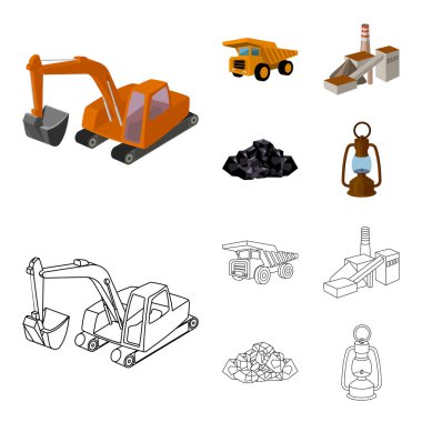 Ekskavatör, Damper, işleme tesisi, mineraller ve cevheri. Toplama simgeler çizgi film, anahat stili vektör simge stok çizim web set madencilik sanayi.