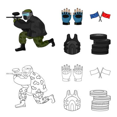 Spor, oyun, paintball, rekabet. Paintball toplama simgeler çizgi film, anahat stili vektör simge stok çizim web ayarla..